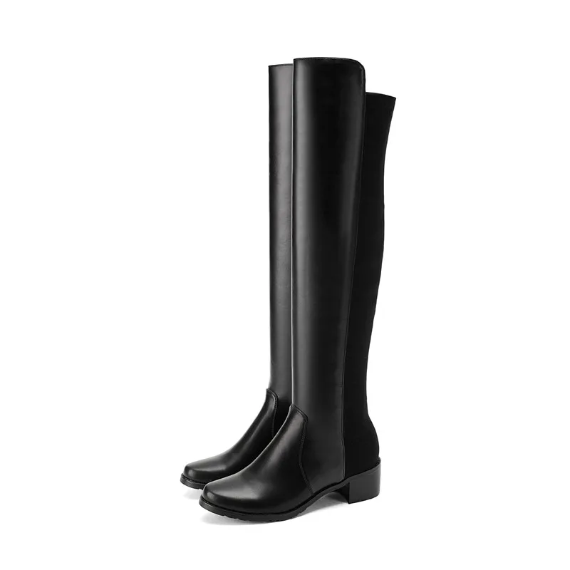 Smirnova/черные модные осенне-зимние сапоги женские сапоги до колена с круглым носком сапоги из эластичной ткани и коровьей кожи на среднем каблуке Большие размеры