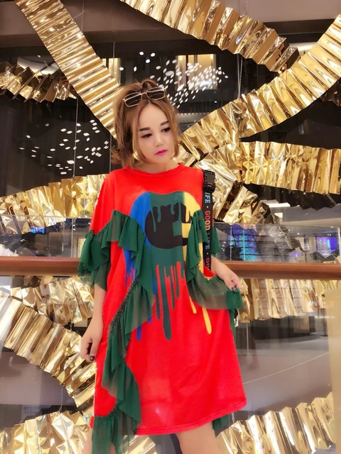 Summer Fashion Quick Dry Mesh T Shirt Dress Back Cartoon Animal Summer Fashion Quick Dry Mesh T Shirt Dress Back Cartoon Animal Printed Ruffle Splice