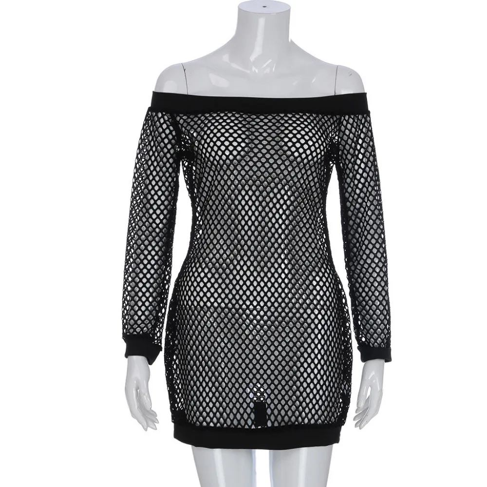 

Woman Off-the-shoulder Sexy Nightclub Style Mesh Perspective Dress solid Perspective ladies female Dress 2020 Dropship