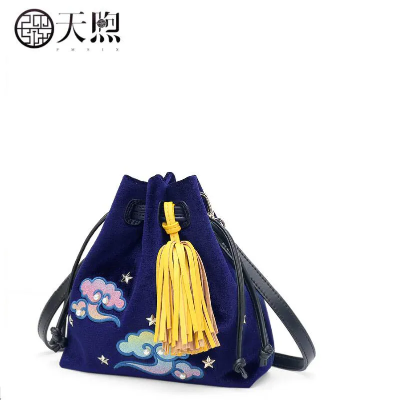 

PMSIX high quality fashion luxury brand original design shoulder bag female 2019 new embroidered velvet bucket bag wild Messenge
