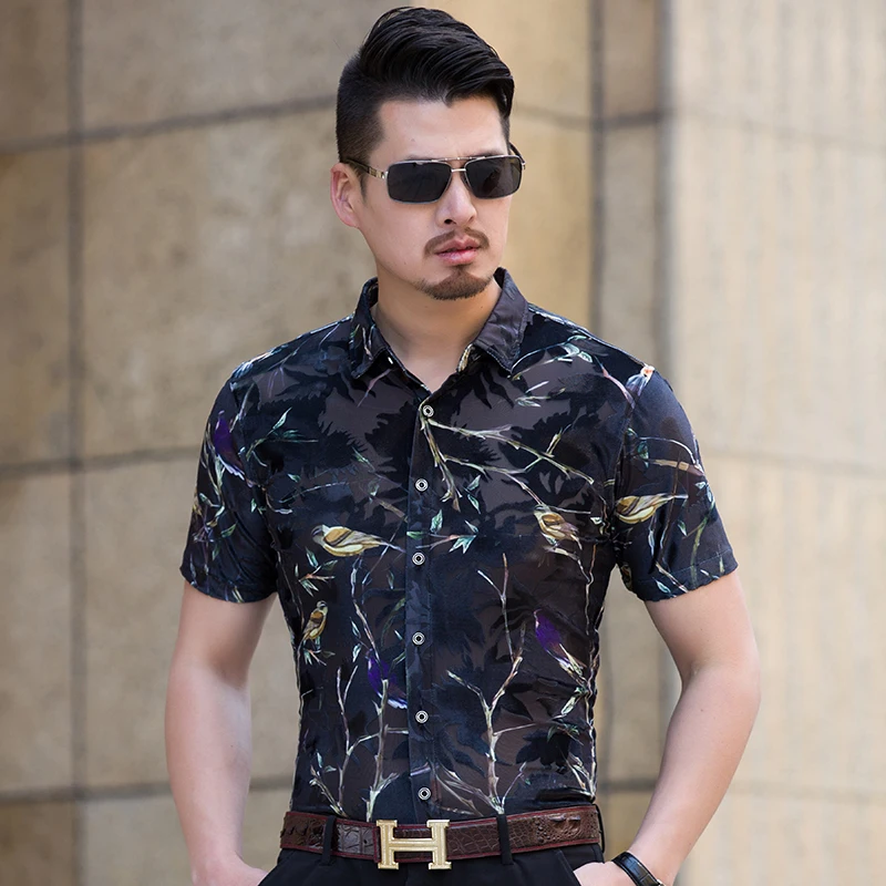 New design mens summer hollow floral shirt sexy man see through dress ...