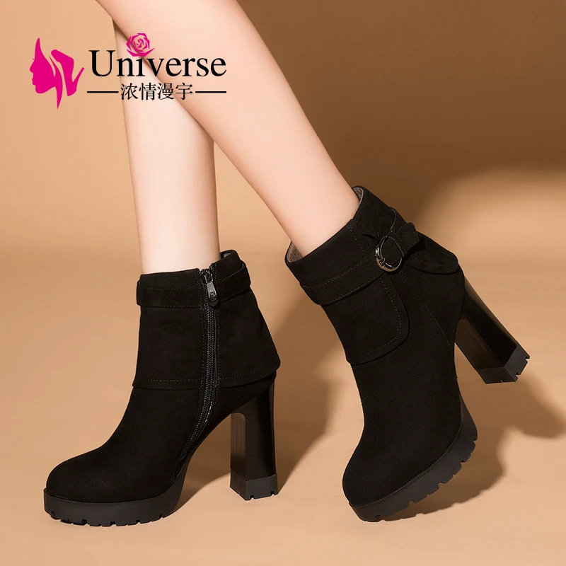 Universe cow suede ankle boots comfy round toe thick heel women boots square high heel plus size lady boots E326 Women's Shoes
