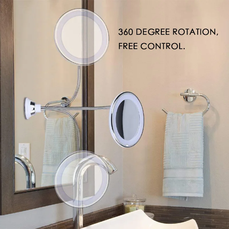 360 Rotation Flexible Gooseneck 5X 10X Magnifying LED Lighted Bathroom Makeup Shaving Mirror Adjustable Bendable Gooseneck
