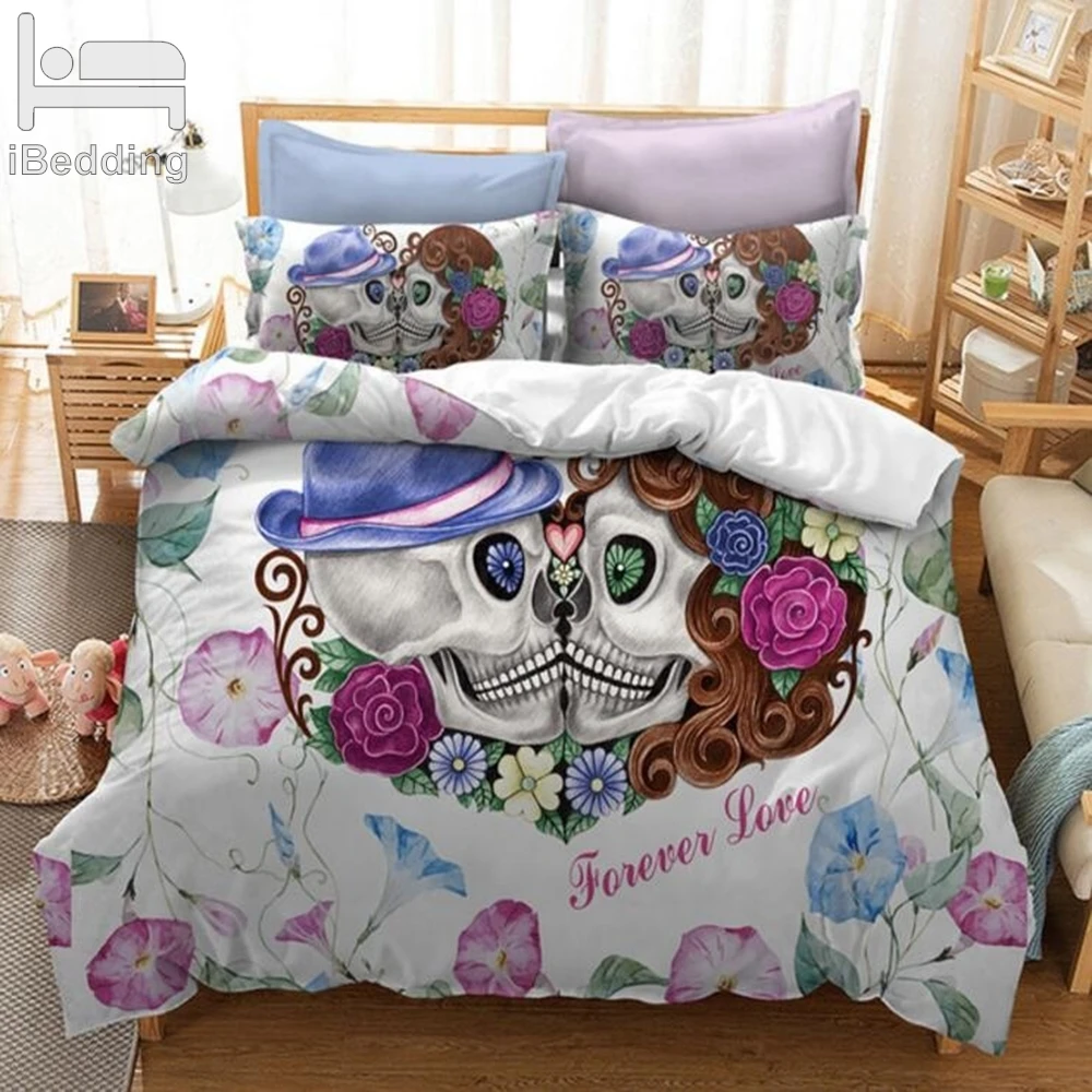 

Colorful Kiss Skull 3D Bedding Sets Printed Duvet Cover Set Queen King Twin Size