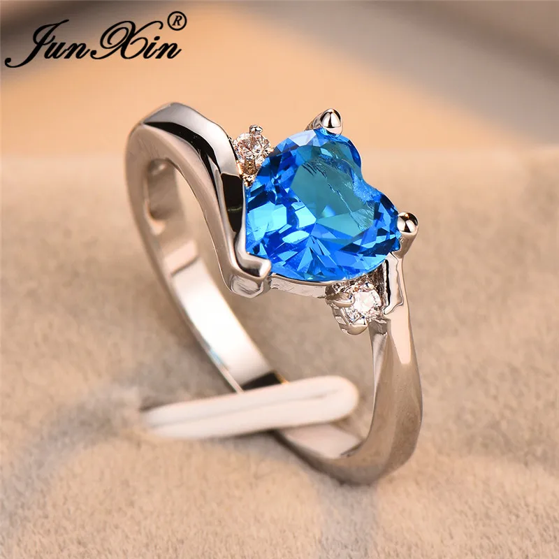JUNXIN Blue Birthstone Heart Rings For Women White Gold Filled Purple Pink Black Zircon White Fire Opal Engagement Ring Female