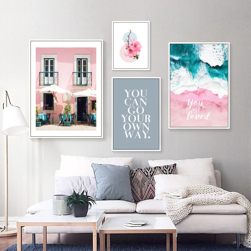Nordic Canvas Painting Pink Beach Sunshine Letter Inspirational Posters And Prints Landscape Wall Pictures For Room No Frame | Дом и сад