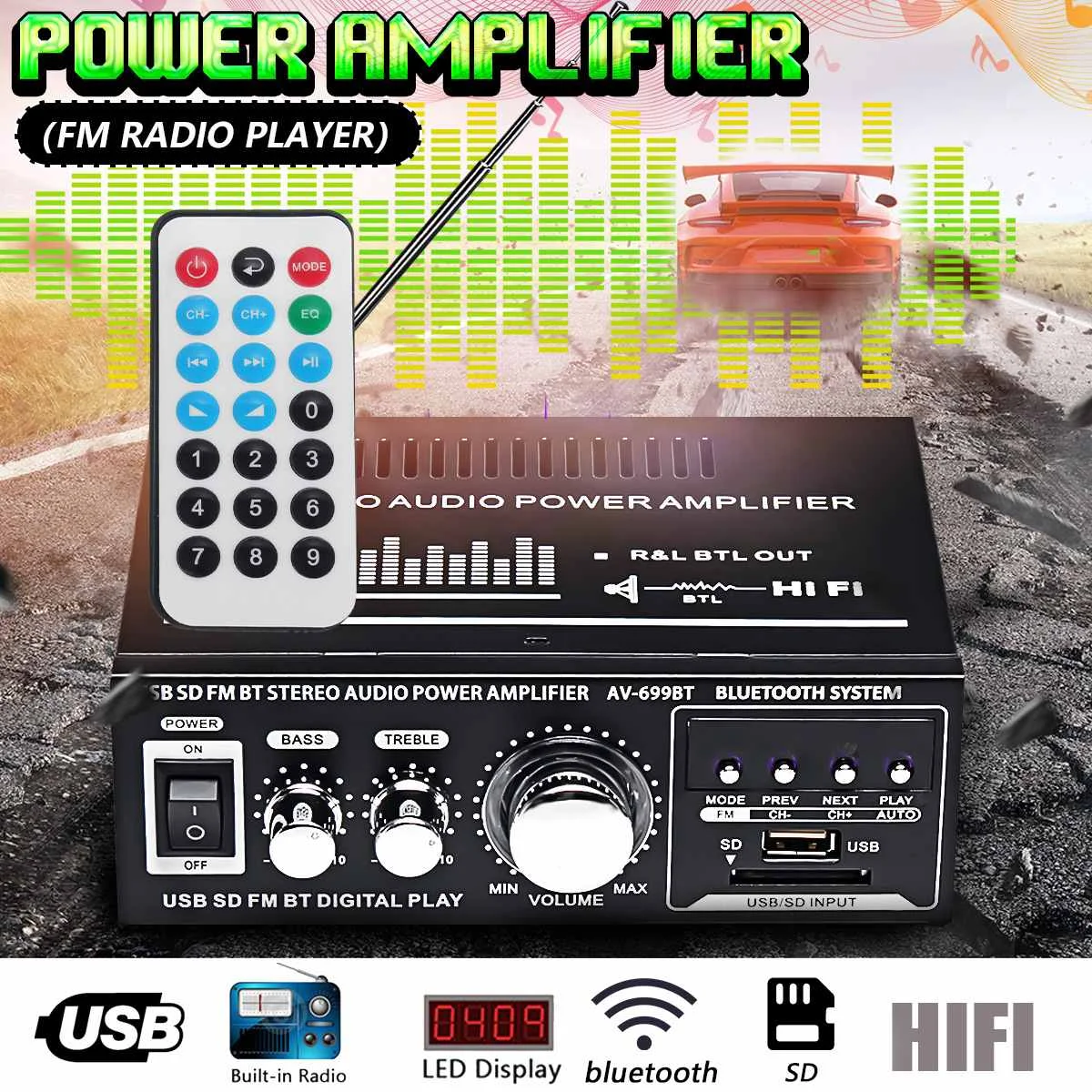 DC 12 V/AC 110 V автомобильный усилитель звука Bluetooth HiFi стерео домашний радиоусилитель 180 W+ 180 W FM SD u-диск MP3 музыкальный плеер