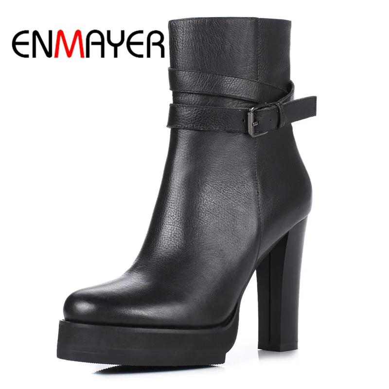 

ENMAYER Ankle Strap Buckle Strap Footwear 2018 34-43 New Round Toe Boots Heel Spring High Heel And Summer High Quality WHY207