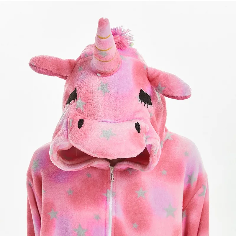 Новый розовый Stars Единорог Onesie для взрослых кигуруми зима Для женщин мультфильм