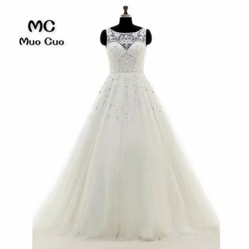 

2018 Real A-Line Wedding Dresses Sleeveless Robe de mariage Backless Tank Tulle vestido de noiva Crystals Beaded Bridal Gowns