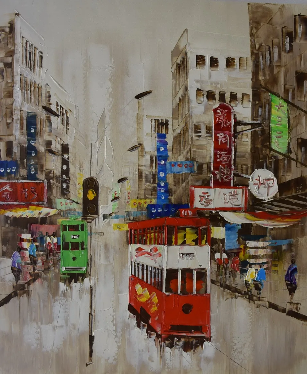 Hand Painted Canvas Knife Oil Painting Abstract Hong Kong Trams Street