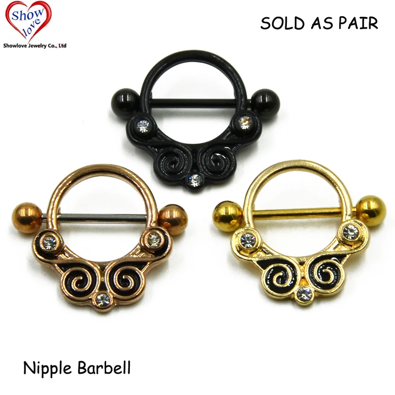 

Showlove-PAIR Titanium Anodized New Desgin CZ Gem Nipple Shield Ring with Swirl Piercing Jewelry Nipple Barbell