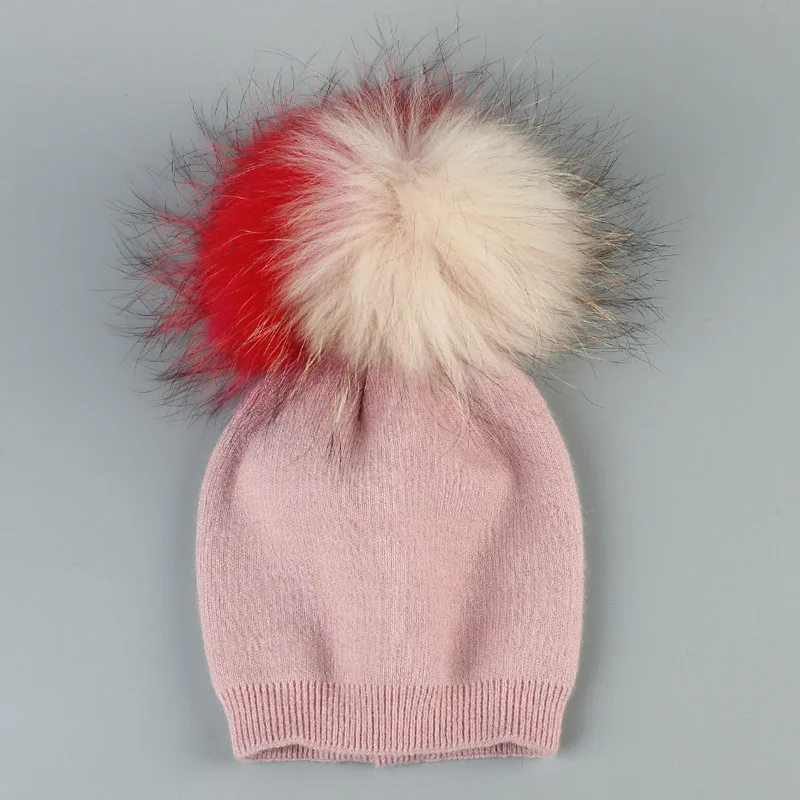 Geebro детская зимняя кашемировая шапочка с натуральным помпоном Модные трикотажные хлопковые мешковатые шапки-Боб с 3 тон Цвета помпоном - Цвет: Pink 3C-6