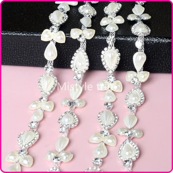 

Pearl Silver Clear Chain Rhinestone Crystal Sewing On Applique trim for Bridal