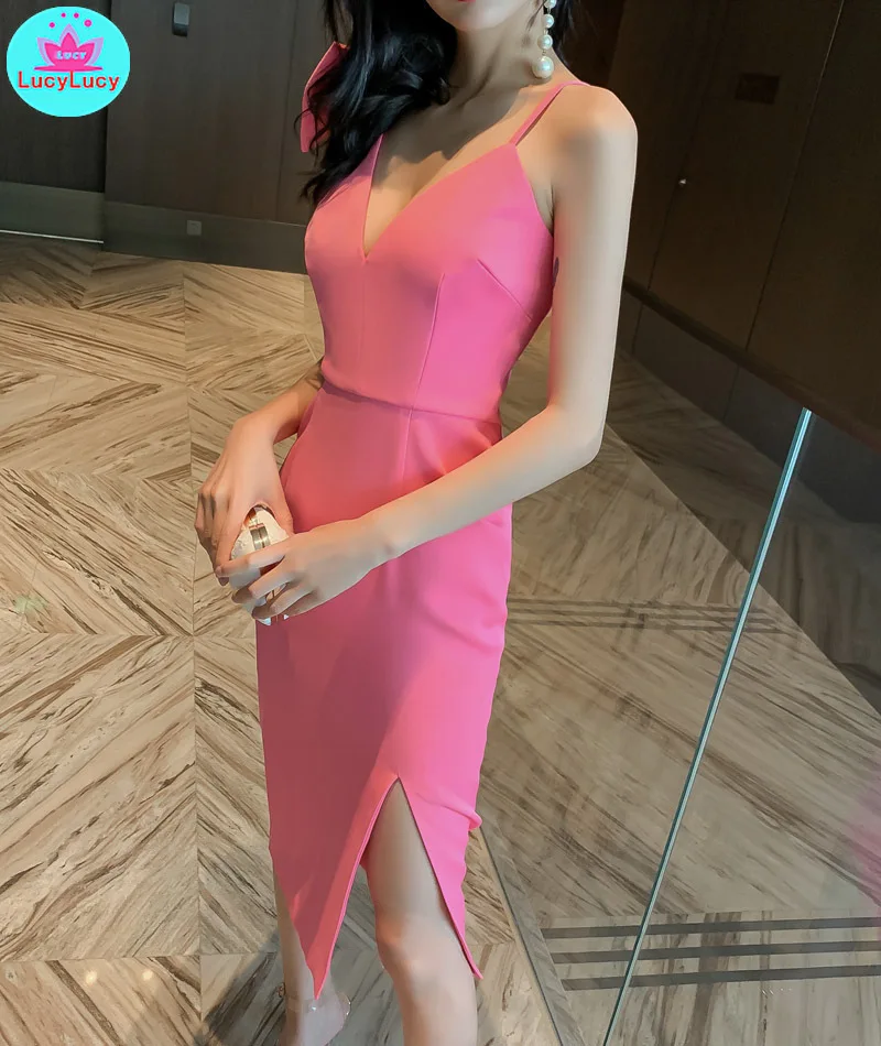 

2019 summer new Korean women's sexy V-neck one-shoulder butterfly machine solid color open sling dress