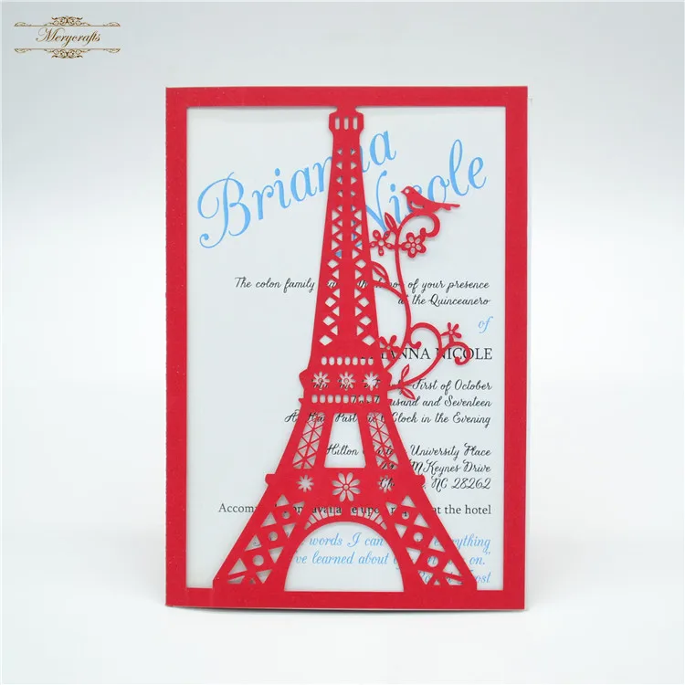 

Eiffel tower unique design laser cut red wedding invitation covers