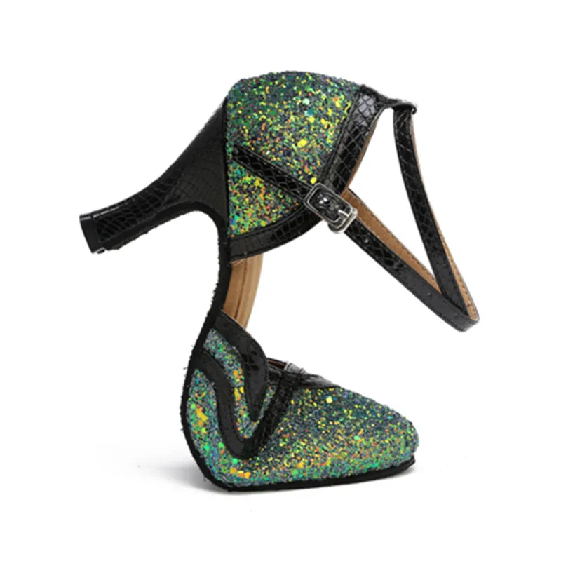 

Women's Modern Dance Shoes Glitter Latin Ballroom Salsa Dance Shoes Customized Heels Green Silver