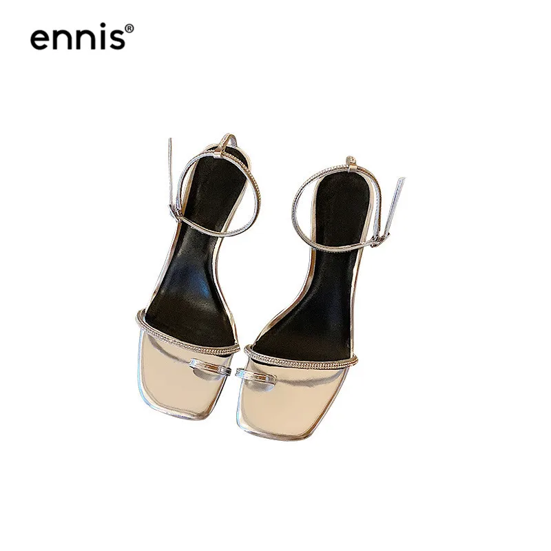ENNIS/Коллекция года; сандалии-гладиаторы; женские кожаные сандалии из овечьей кожи с ремешком на щиколотке и стразами; летние туфли на высоком каблуке; S979 - Цвет: Silver 7.5cm