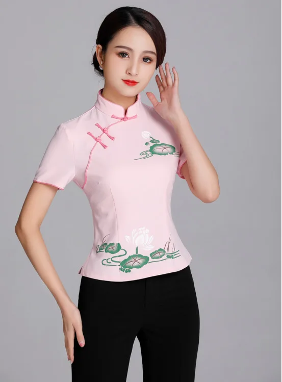 Sheng Coco женские элегантные топы Ципао ханьфу китайский стиль цветок лотоса розовый красный пластина Кнопка Короткие Cheongsam рубашка одежда