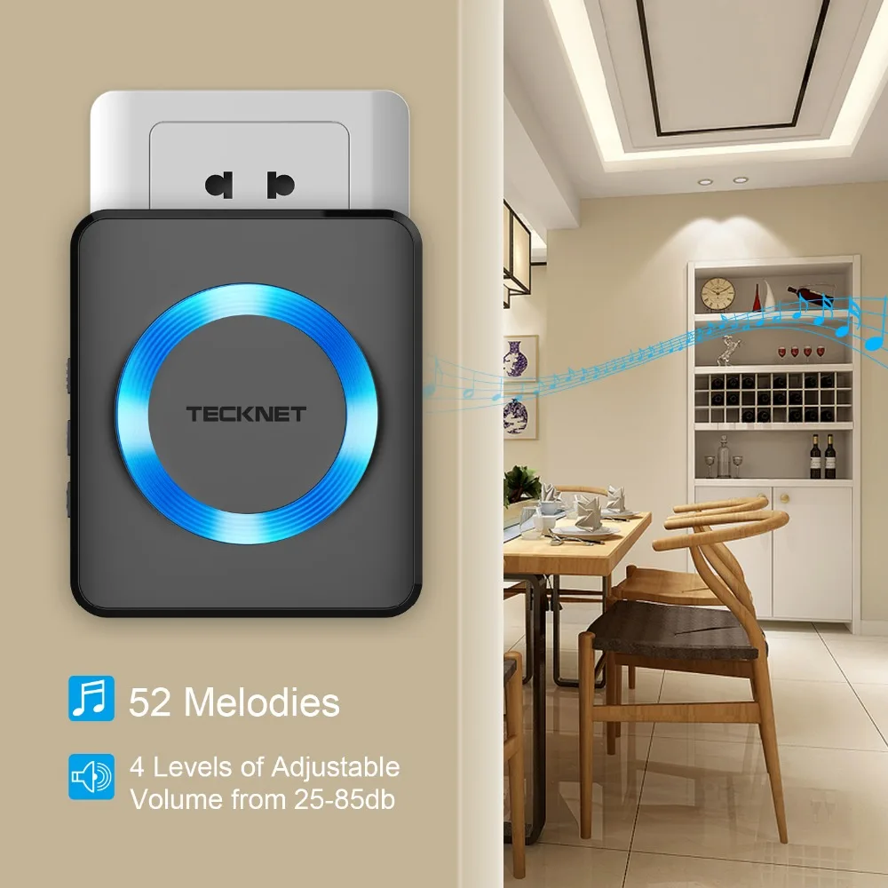 TeckNet Wireless Doorbells Twin Waterproof Wall Plug-in Cordless Door Bell Chime 300M Range 52 Chimes 4-Level Volume Blue Light TeckNet Wireless Doorbells Twin Waterproof Wall Plug-in Cordless Door Bell Chime 300M Range 52 Chimes 4-Level Volume Blue Light