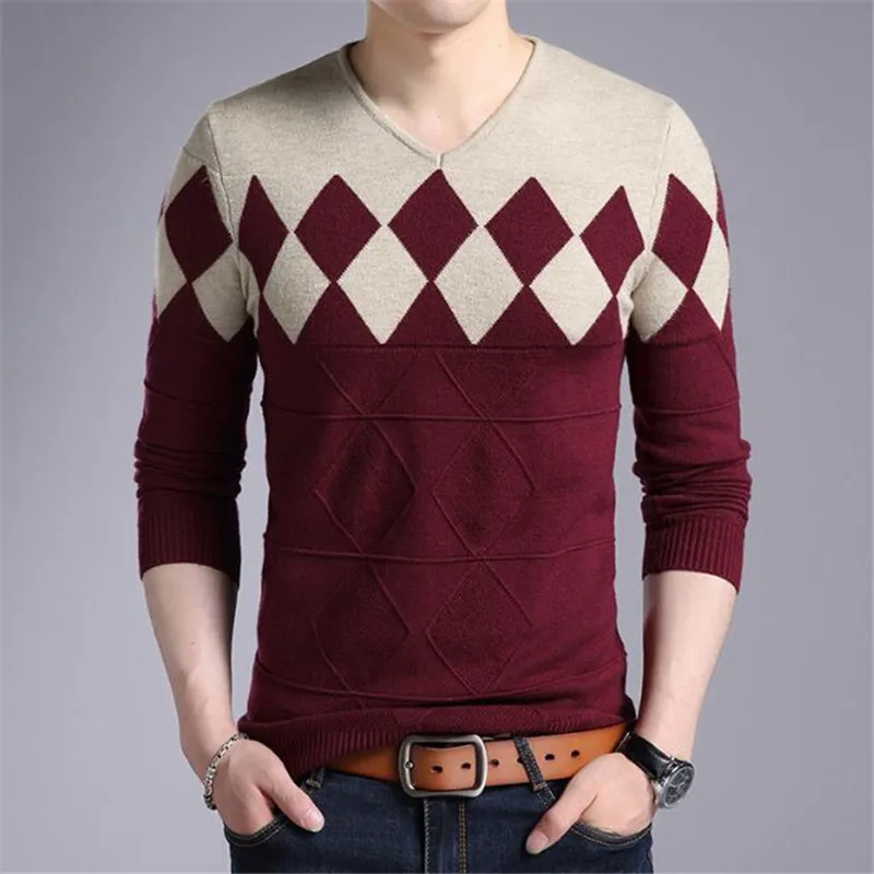 Cashmere Wool Sweater Men 2019 New Autumn Winter Slim Fit Pullovers Men Argyle Pattern V-Neck Pull Homme Christmas Sweaters