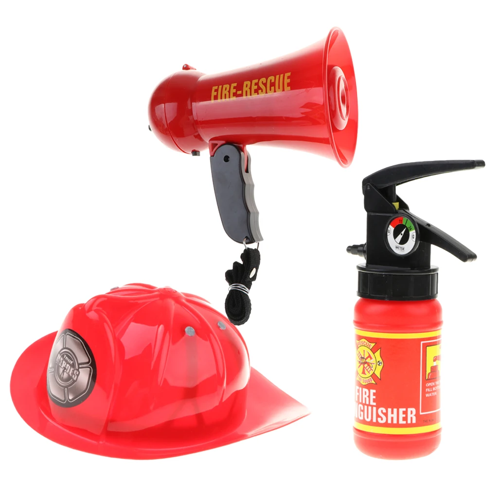 

3 pieces Fireman Playset Toy Pretend Play Fireman Fire Fighter Megaphone W/ Siren Sound Safety Helmet Fire Extinguisher Dress Up