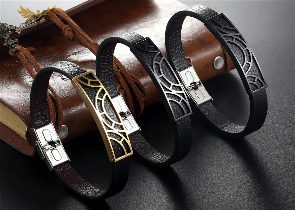 Крутые мужские браслеты из натуральной кожи, геометрические браслеты из нержавеющей стали, мужские ювелирные изделия на заказ размеров