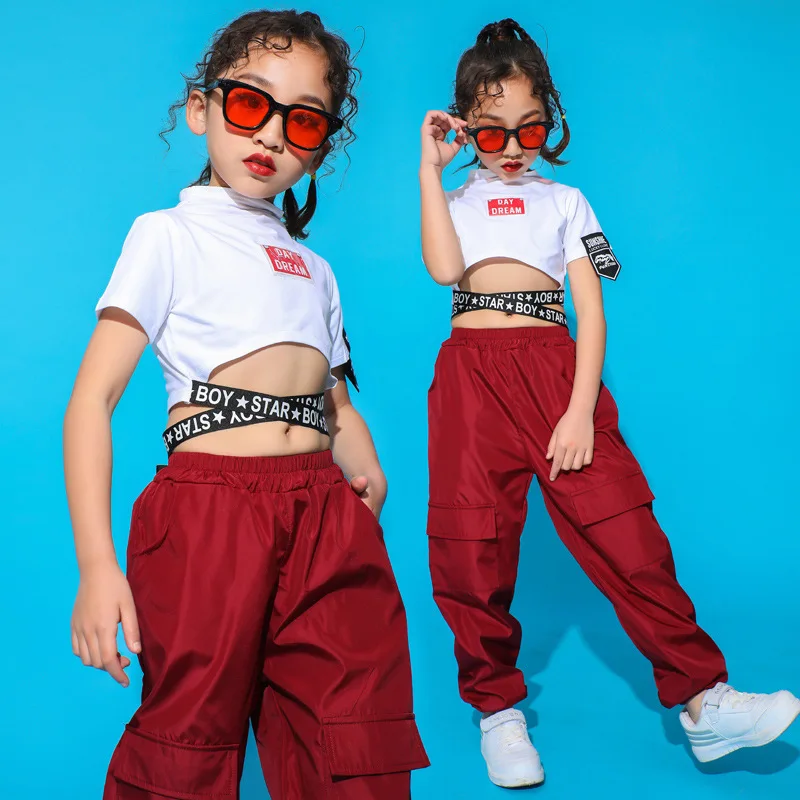 Детские штаны в стиле хип-хоп, костюмы для бальных танцев для девочек и мальчиков, футболка укороченные топы, красный комбинезон штаны для бега костюмы для джазовых танцев