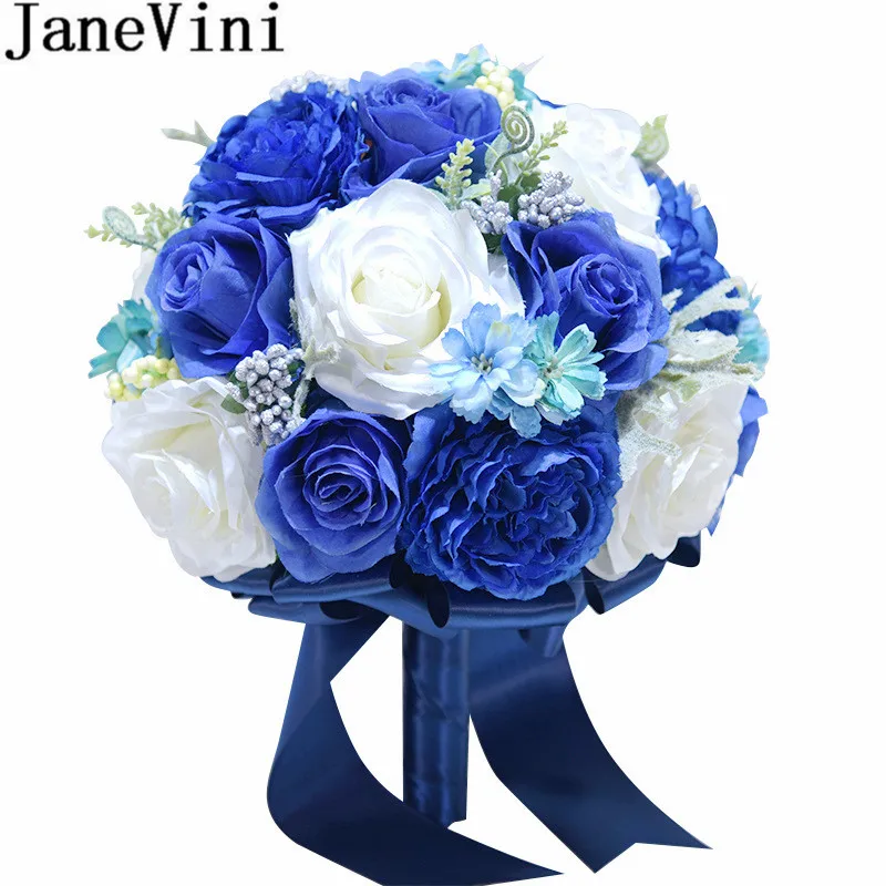 JaneVini 2020 New Royal Blue Flowers Silk Wedding Bouquet for Brides Artificial Rose Crystal Bridal Bouquet Holder Blumenstrauss
