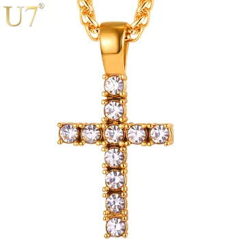 

U7 Latin Cross Pendant Ice Out Chain necklace Men/Women Gift Christian Jewelry HipHop Cubic Zirconia Stainless Gold Color P1108