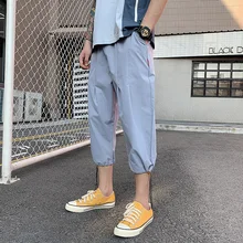 Однотонные брюки длиной до икры прямые мужские брюки с эластичной резинкой на талии, большие размеры, черные, серые, хаки, синие брюки длиной до икры