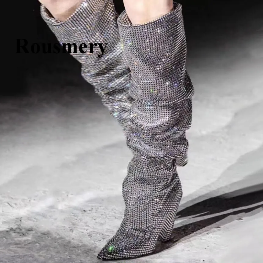 

Newest Genuine Leather Spike Heel High Heel Fashion Crystal Bling Bling Knee-High Flock Solid Winter Women Long Boots
