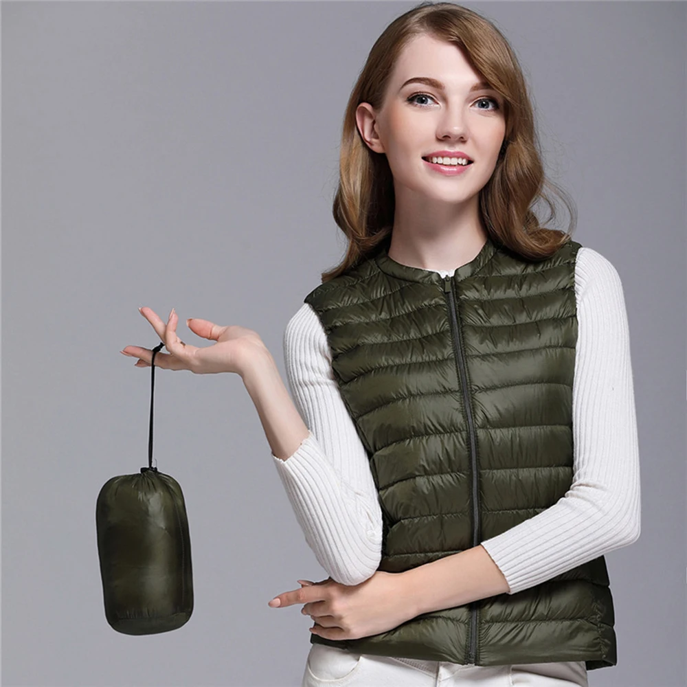 Goedkoop Vrouwen Ultra Light Duck Down Vest Jas Vrouwen Witte Eendendons Vest 2019 Herfst Winter Ronde Kraag Mouwloze Jas voor Vrouwen