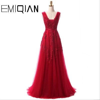

Sexy V-neck Evening Dress Robe De Soiree 2019 High Quality Grey Tulle With Applique Evening Dresses Real Photo Vestido De Festa