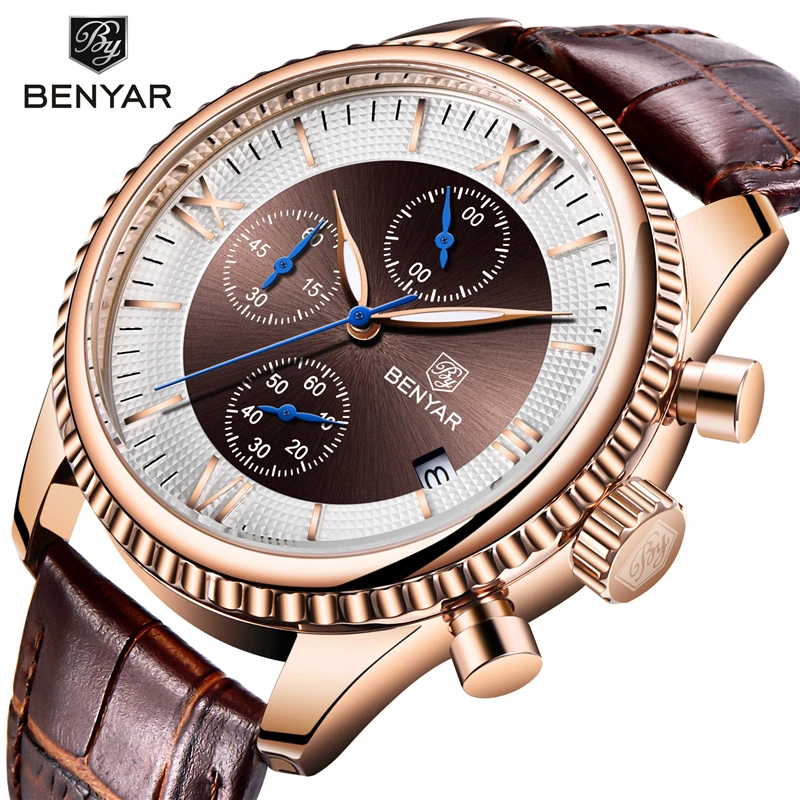 

BENYAR 2019 Brand New Watches Men's Business Leather Chronograph Military Waterproof Quartz Wrist watches Relogio Masculino+box