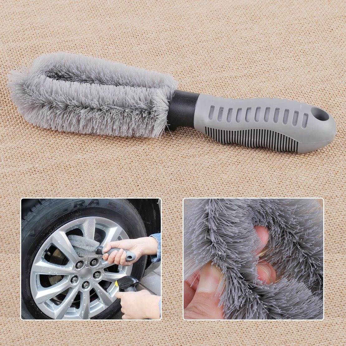 Brosse De Nettoyage Pour Pneus Et Jantes - 2 Brosses (moyeu Et Pneu), Poils Durs, Tête Flexible, Manche Ergonomique