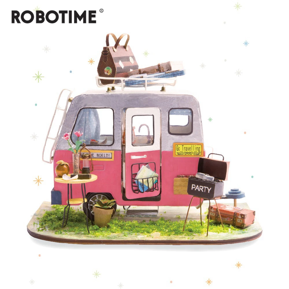 Robotime DIY Happy Camper с мебелью, миниатюрный деревянный кукольный домик для детей и взрослых, модель, строительные наборы, кукольный домик, игрушки DGM04 - изображение