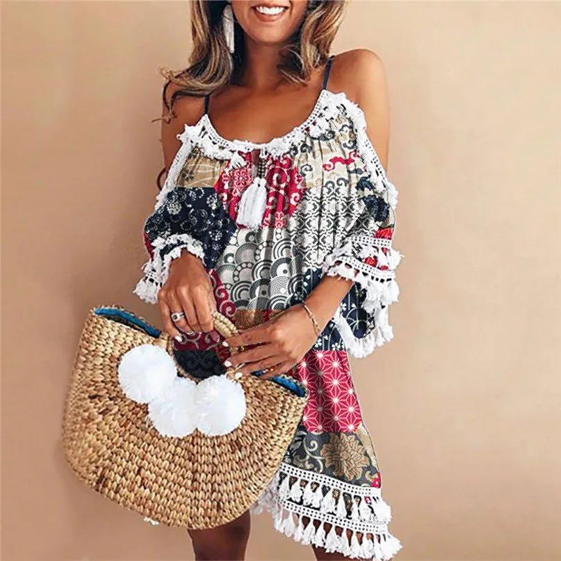 

Tassel Bohemia Printed Vintage Summer Fashion Women Off Shoulder Dreses Party Beach Slash neck Short Sleeve Dresses vestido 4EM