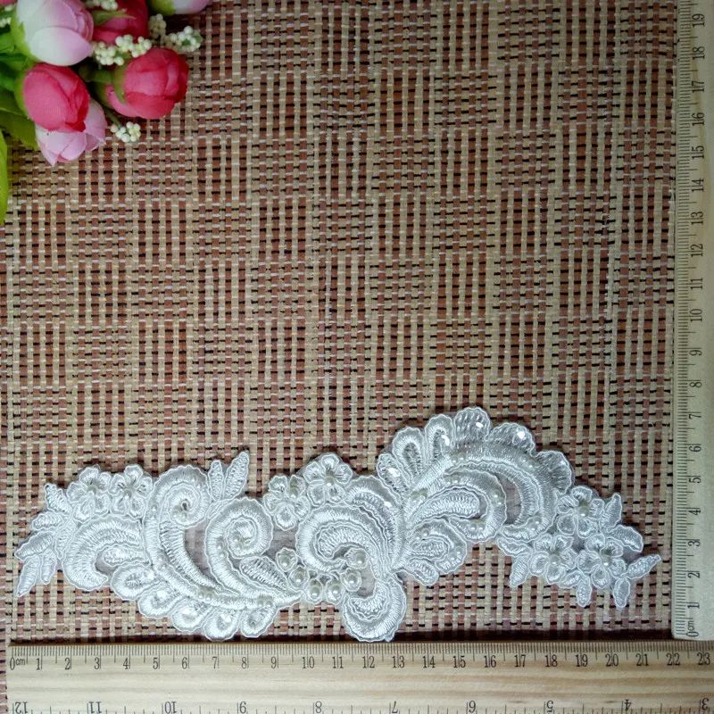 

2018 New design free shipping handwork pearls lace applique and lace motif for dress decoration