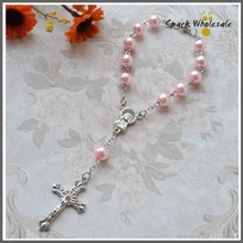 50 шт./лот религиозное Ювелирное Украшение розовое стекло жемчужный браслет с розами католический мини четки оптом по низкой цене Детская Причастие для девочек Подарки на крещение