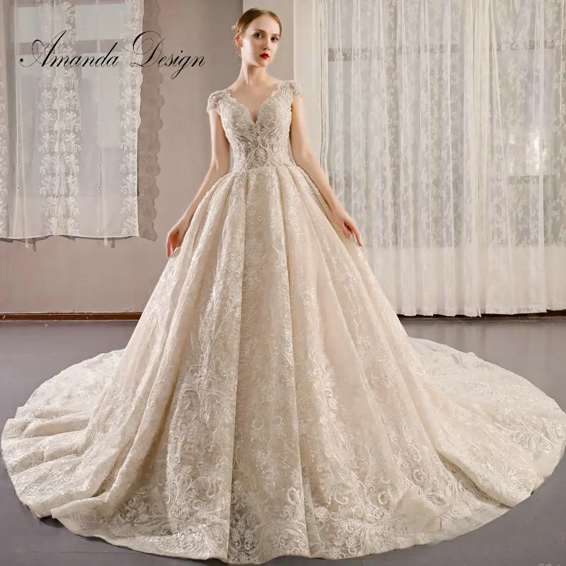 

Amanda Design abiye elbise Cap Sleeve Lace Applique Crystal See Through Wedding Dress