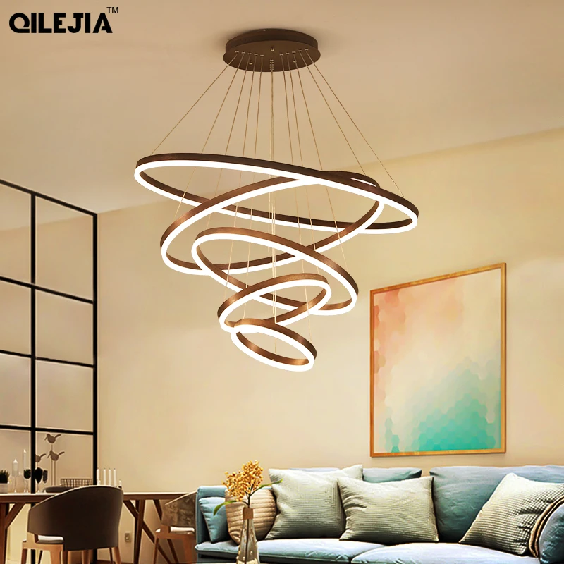 

Brushed Coffee Circular Rings In Coffee Modern LED Chandelier for Dining Room Living Room Suspension Chandelier Lamp Fixtures