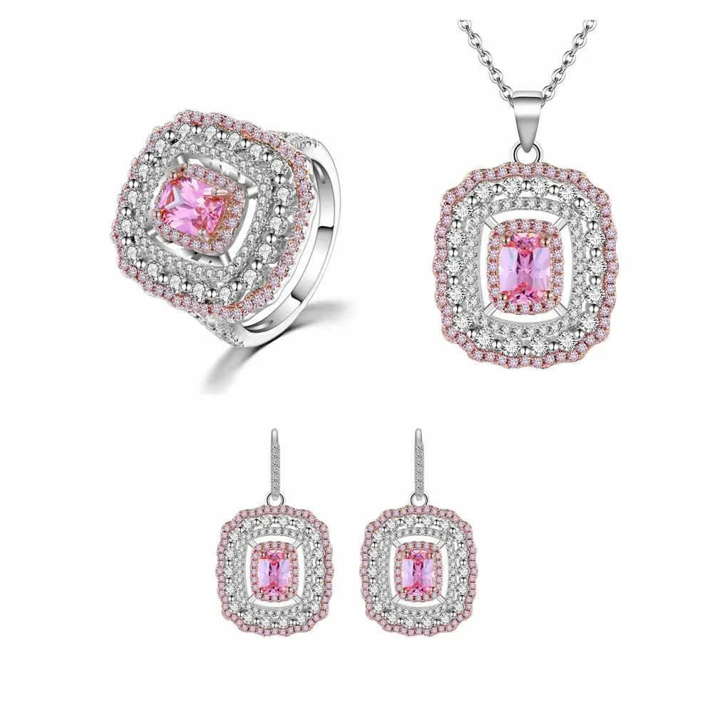 OneRain, Ретро стиль, 925 пробы, серебряный комплект, розовый сапфир, драгоценный камень, ювелирные наборы, ожерелье/серьги/кольцо, вечерние, для коктейля