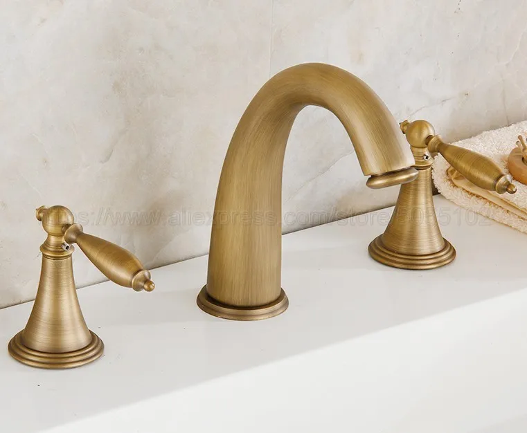 Bathroom Basin Faucet Antique Brass Bathroom Basin Mixer Tap Double Handles 3 pcs Bathroom Basin Faucets znf434