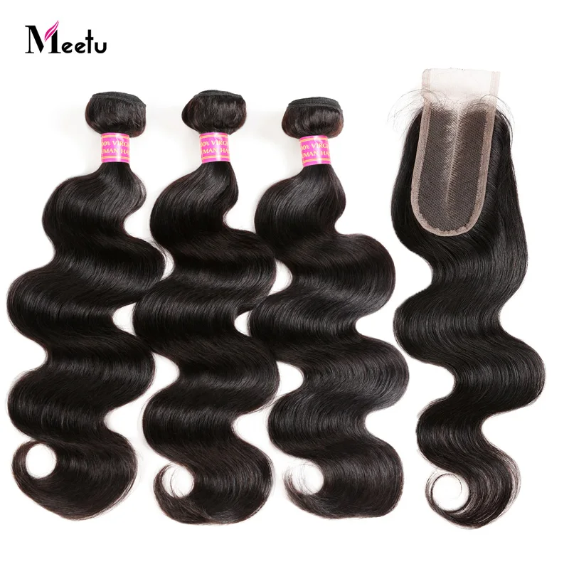 

Peruvian Hair Hundles with Closure 12 14 16 Body Wave with Cosure 100 Human Hair Weave with Closure Middle Part Meetu Non Remy