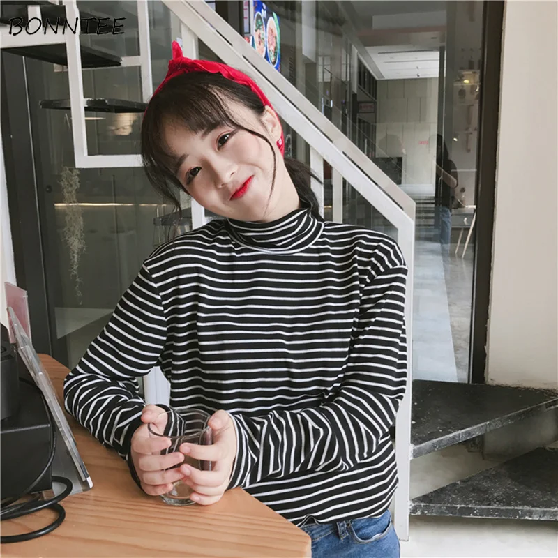 T-shirts Women Turtleneck Striped Loose Simple Classic All-match Retro Korean Style Leisure T-shirt Womens Chic Clothing Chic