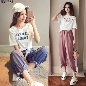 

Women's O-Neck Letter Print Pullover T-shirt Short Sleeves Tees+ Solid Ankle-Length Elastic Waist Pants 2 Pieces Sets