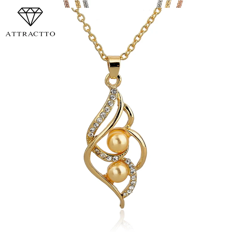

ATTRACTTO Gold/Silver Color Pendant Necklace Austrian Crystal Simulated Pearl Necklace Women Wedding Jewelry Collar SNE140381