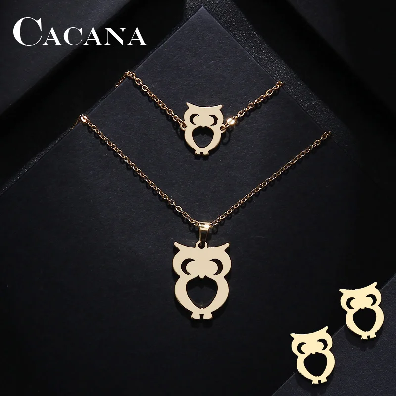 CACANA Stainless Steel Jewelry Sets For Women Owl Shape Necklace Bracelet Earring Jewelry Lover's Engagement Jewelry S1