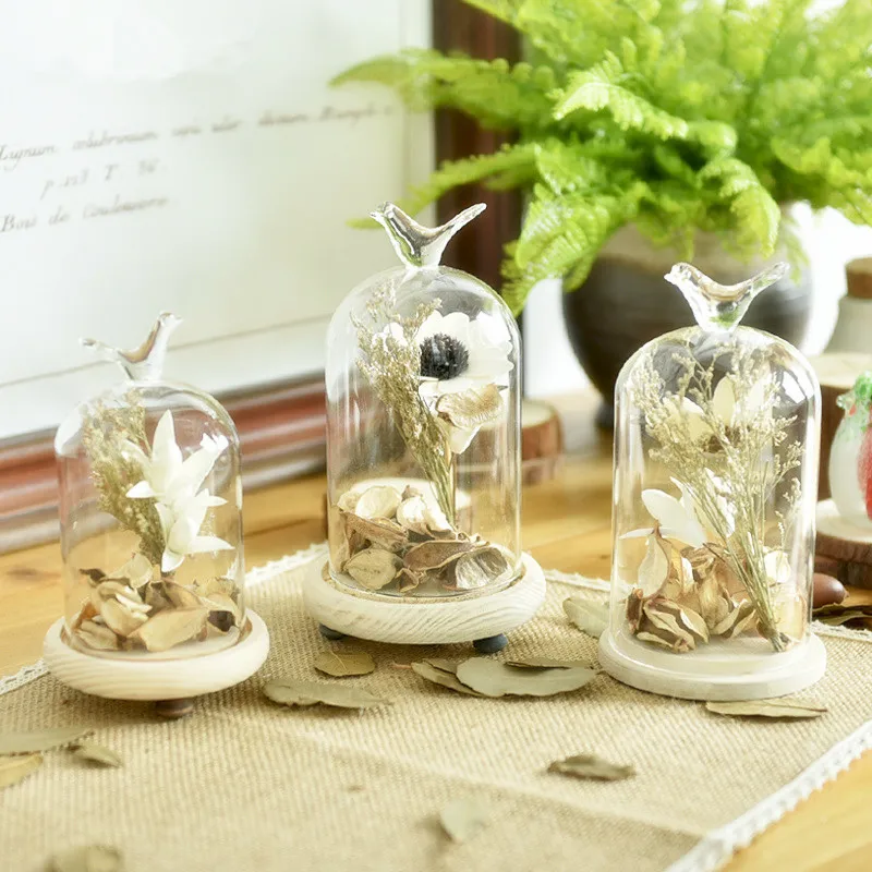 

4 Model Dried Flowers Glass Cover Ornaments Creative Pastoral Wind Bird Glass Decoration Handmade Micro Landscape Decoration